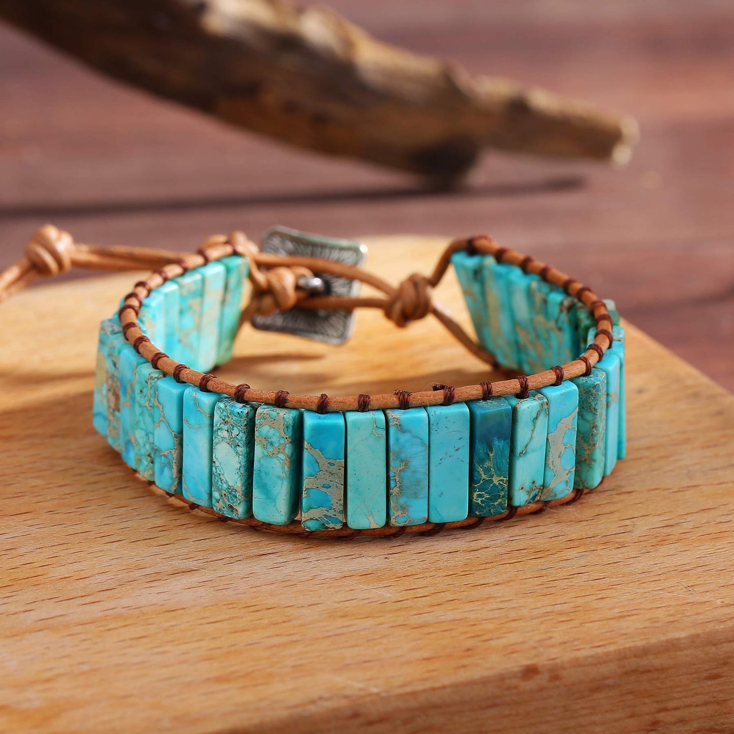 Plumiss Leather Chakra Handmade Turquoise Blue Imperial Jasper Healing Stone Wrap Adjustable Bead Bracelet Gift for Women Men