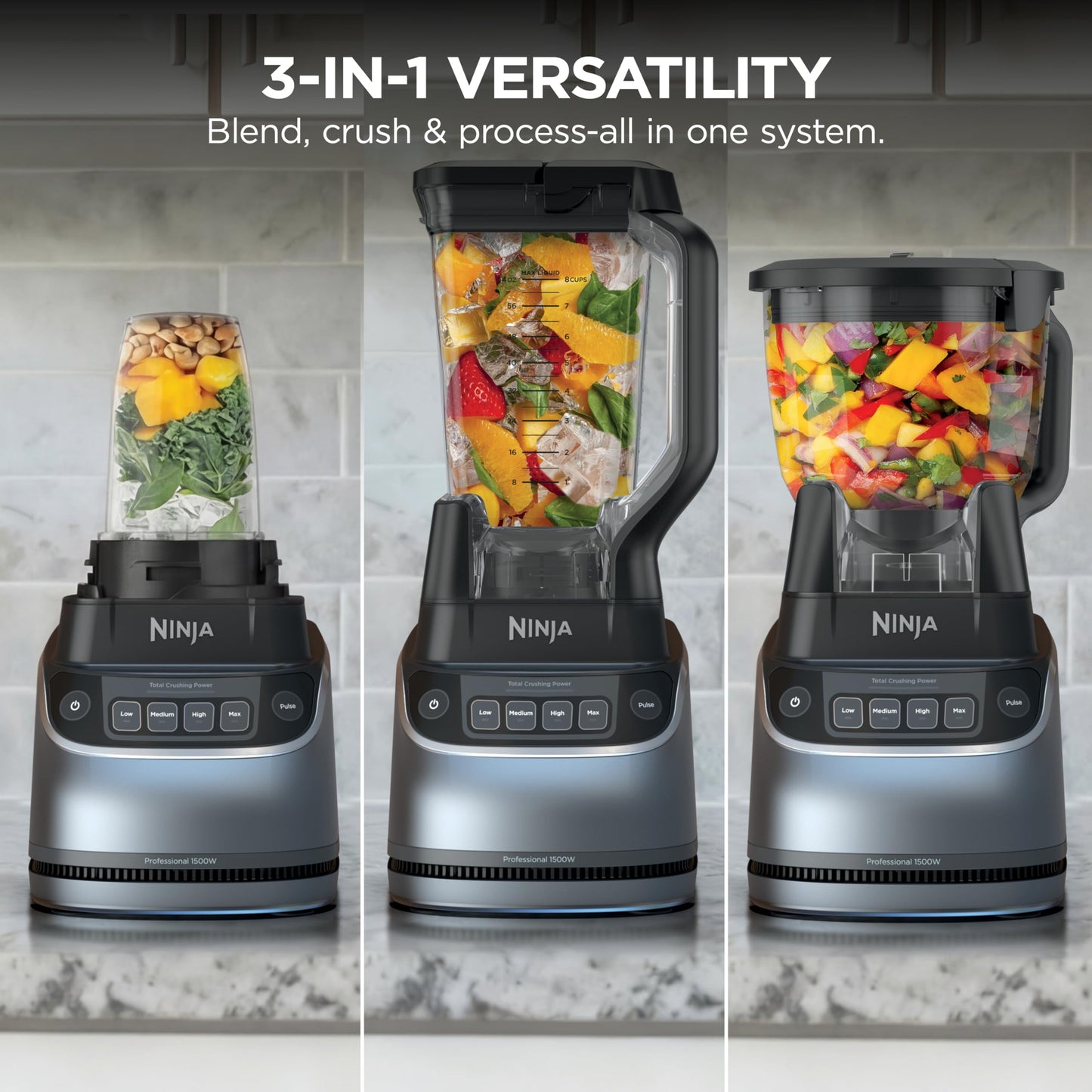 Ninja UltraCrush Professional Kitchen System | 1500W, 72oz Full-Size Blender, 8-Cup Food Processor & 18 oz To-Go Cup | Total Crushing Technology, Smoothies, Ice Crush, Chopping & More | Silver | BP401