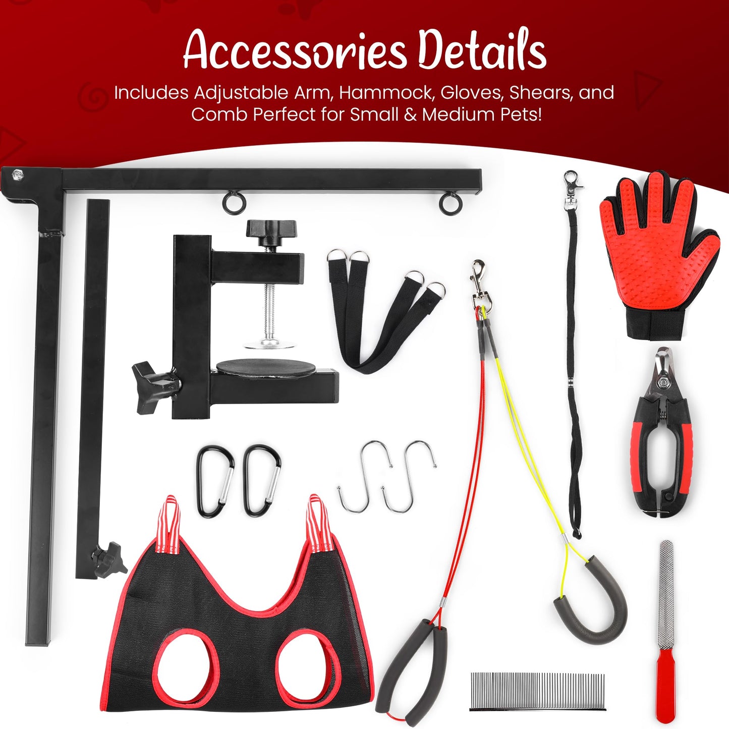 Dog Grooming Arm with Clamp & Pet Grooming Hammock | 4 Extra Bundles | Dog Grooming Stand with Grooming Gloves, Shears & Comb & Nail File | Grooming Table Arm with Adjustable No Sit Haunch Holders