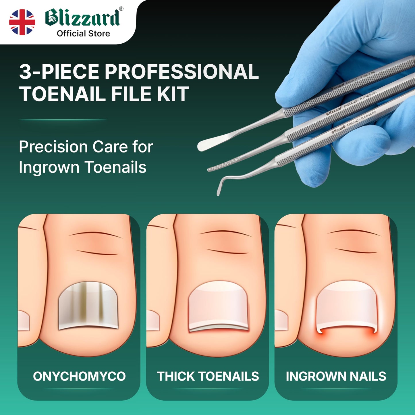 Blizzard Premium Blacks File Foot Care Pedicure Kit – 3-Piece Ingrown Toenail Kit – Double-Sided Toenail Cleaner, Nail File & Nail Lifter – Stainless Steel Podiatry Tools Professional Nail File Set