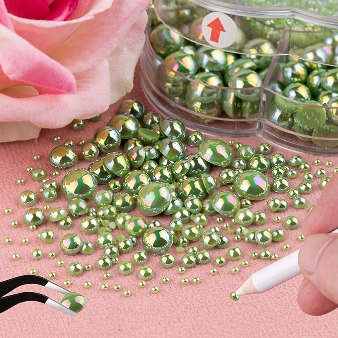Nail Art Flat Back Half Round Pearl Kits 36, 1 Box of 6000 Pcs Flat-Back Green AB with Tweezer and Picker Pencil for Home DIY Nails Body Face Craft and Salon Use