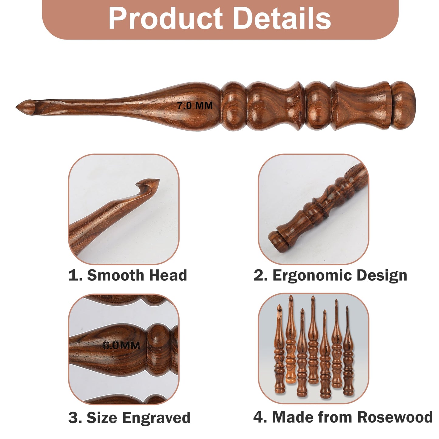 PIEWOOD - Wooden Crochet Hooks, Set of 7 Crochet Hooks Ergonomic Soft Grip Handle, Crochet Hooks for Crocheting Yarn, Knitting Gift for Her (Set of 7)