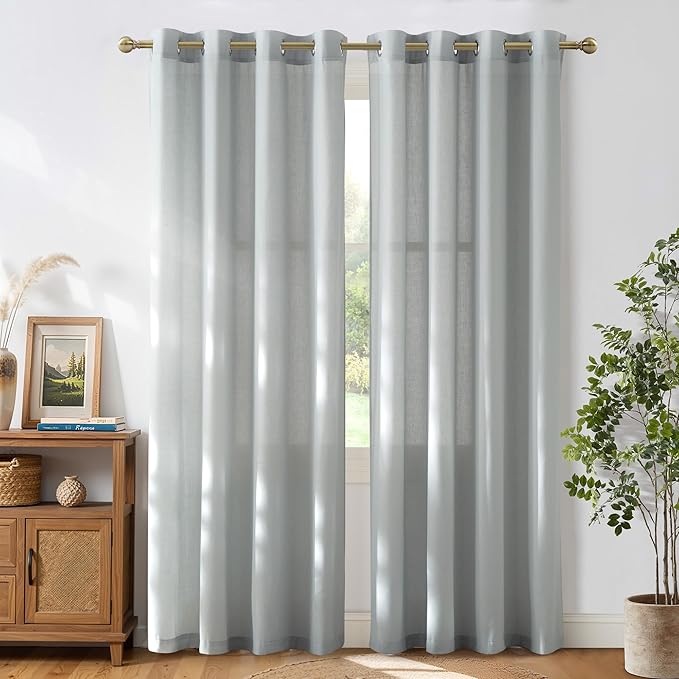 NICETOWN Light Cyan Linen Curtains for Kitchen, Thick Flax Small Window Treatments Semi Sheer Privacy Assured with Light Through for Cafe/Bathroom, W55 x L84, 2 Panels