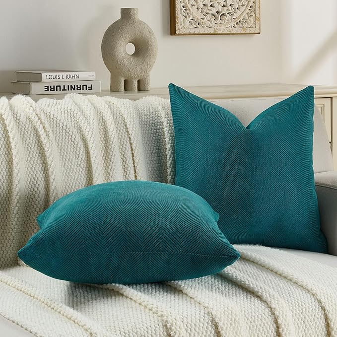 FUTEI Teal Chenille Throw Pillow Covers 18x18 Inch Set of 2,Soft Wide Chevron Textured Cushion Case,Farmhouse Home Decor for Couch Bed Living Room