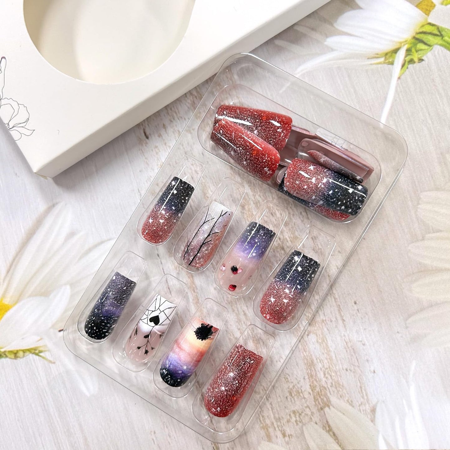 CJDLTS Press on Nails Medium Square Starry Sky False Nails Heart Fake Nails Press on Nails with Design Rhinestones Stick on Nails Artificial Acrylic Glitter Nails Full Cover Glue on Nails for Women