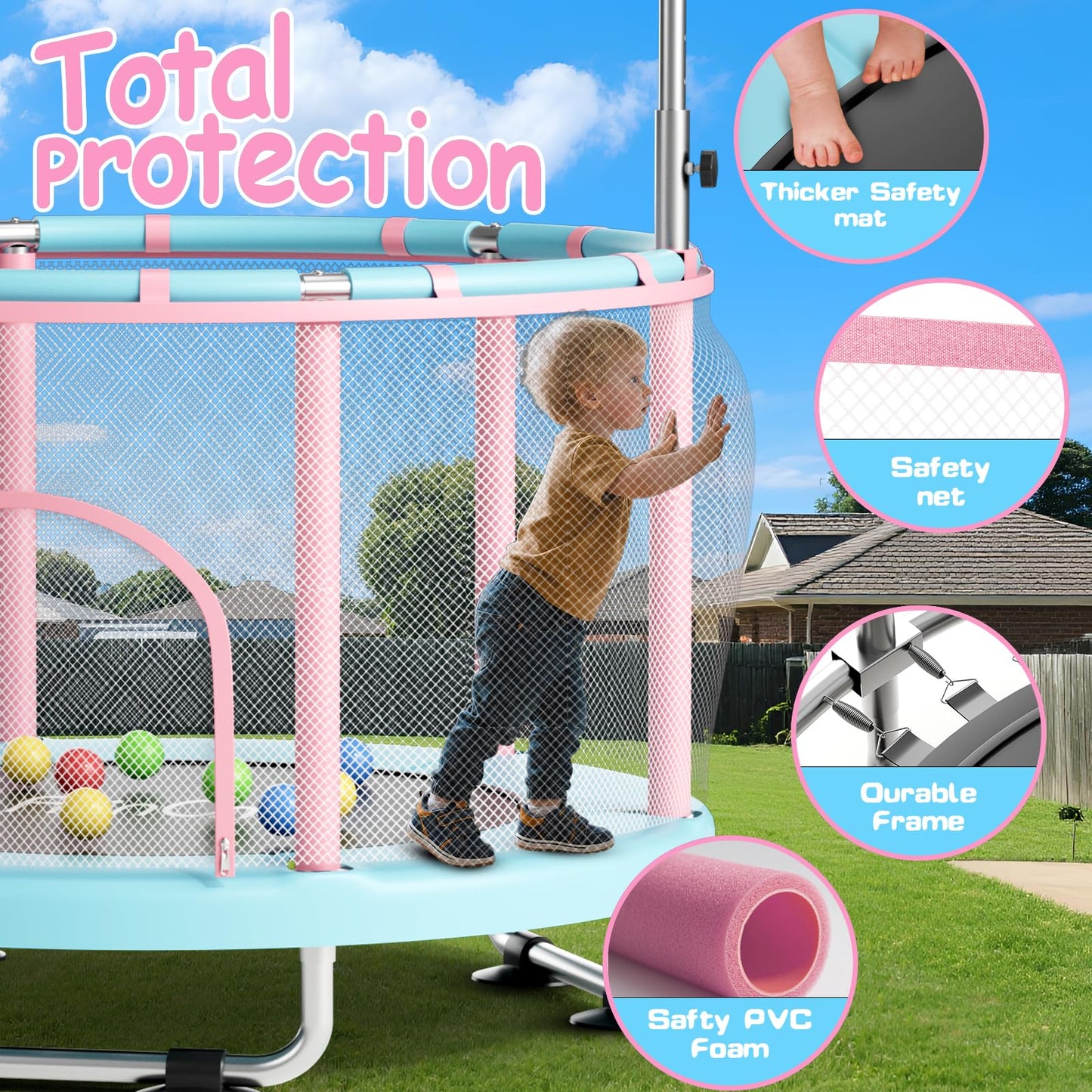 FitinOne 55" Toddler Mini Trampoline for Kids, Indoor Outdoor Toys with Swing, 440lbs Baby Kids Trampoline, Gymnastics Bar, Birthday Gifts for Boy Girl Age 1-8
