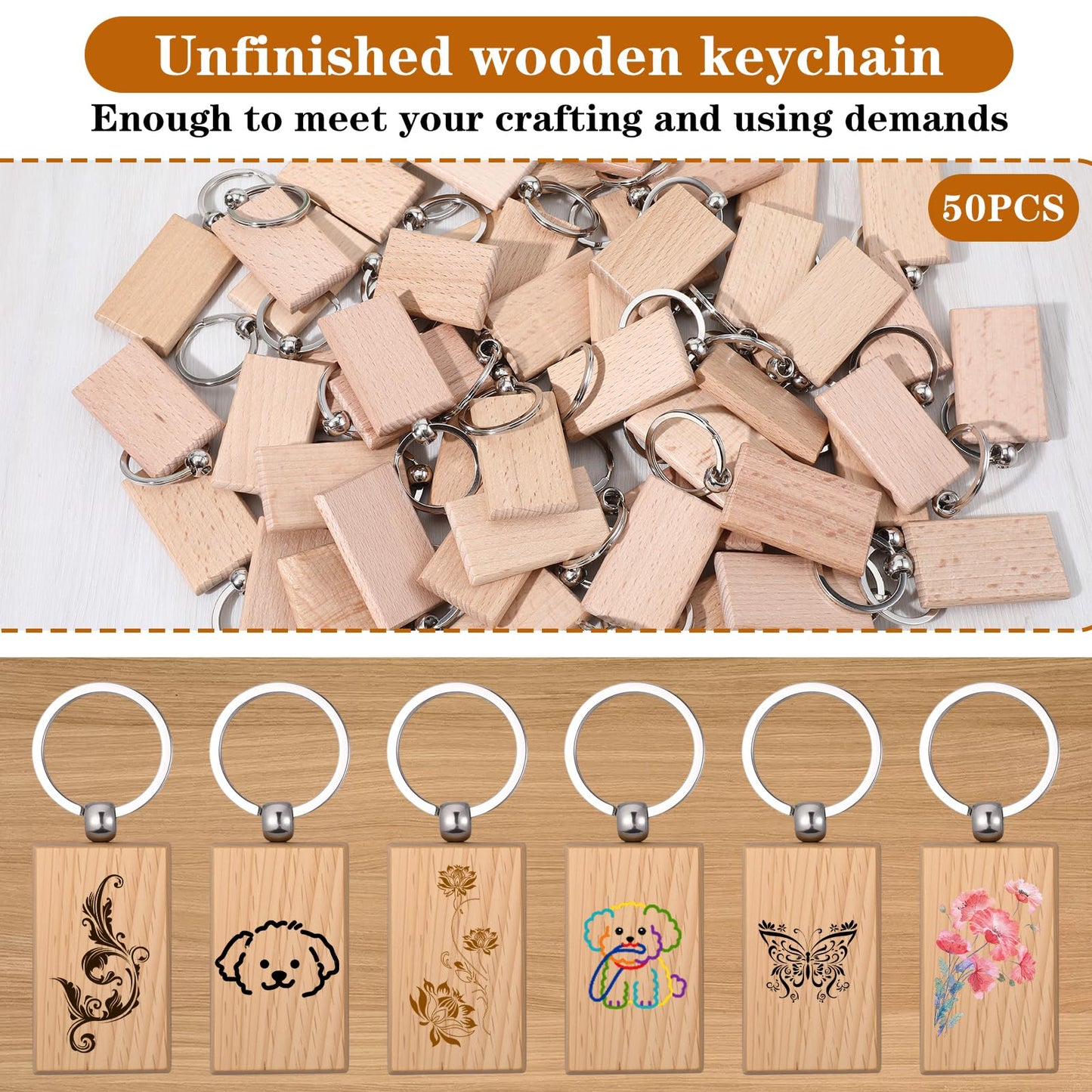 50 Pcs Wooden Keychain Blanks, Unfinished Wood Key Chains Bulk for DIY, Laser Engraving Gifts, Crafting, Gift Making, Rectangle Shape