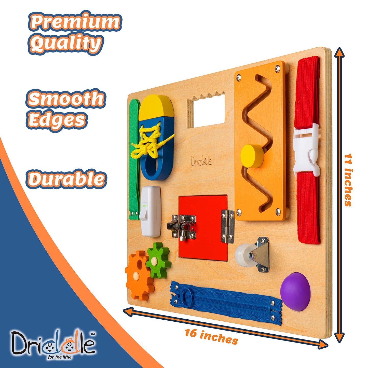 Driddle Busy Board - Wooden Montessori Activity Board for Toddlers & Kids - 12 Educational Sensory Toys to Learn Basic Life Skills & Develop Fine Motor Skills + Baby Mirror