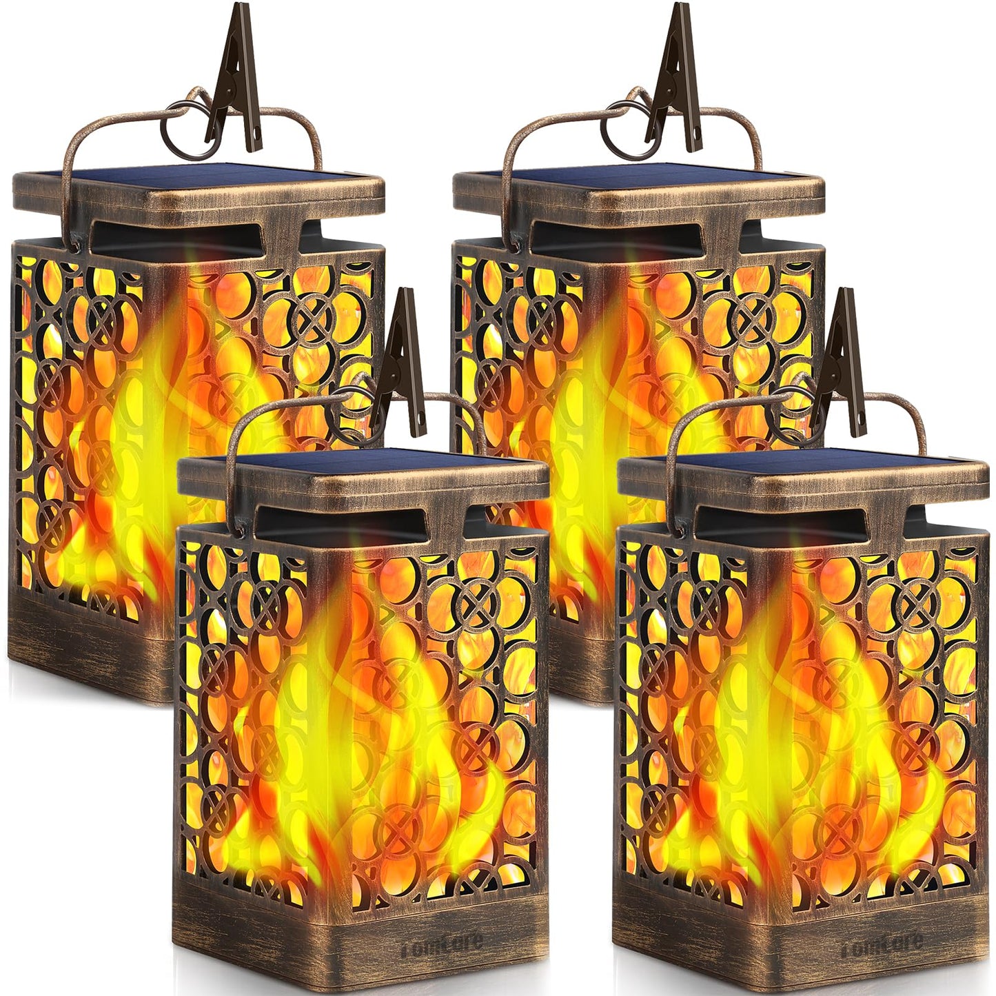 TomCare Solar Lights Upgraded Solar Lantern Flickering Flame Outdoor Hanging Lantern Decorative Lighting Solar Powered Waterproof LED Flame Umbrella Lights for Patio Garden Deck, 4 Pack(Bronze)