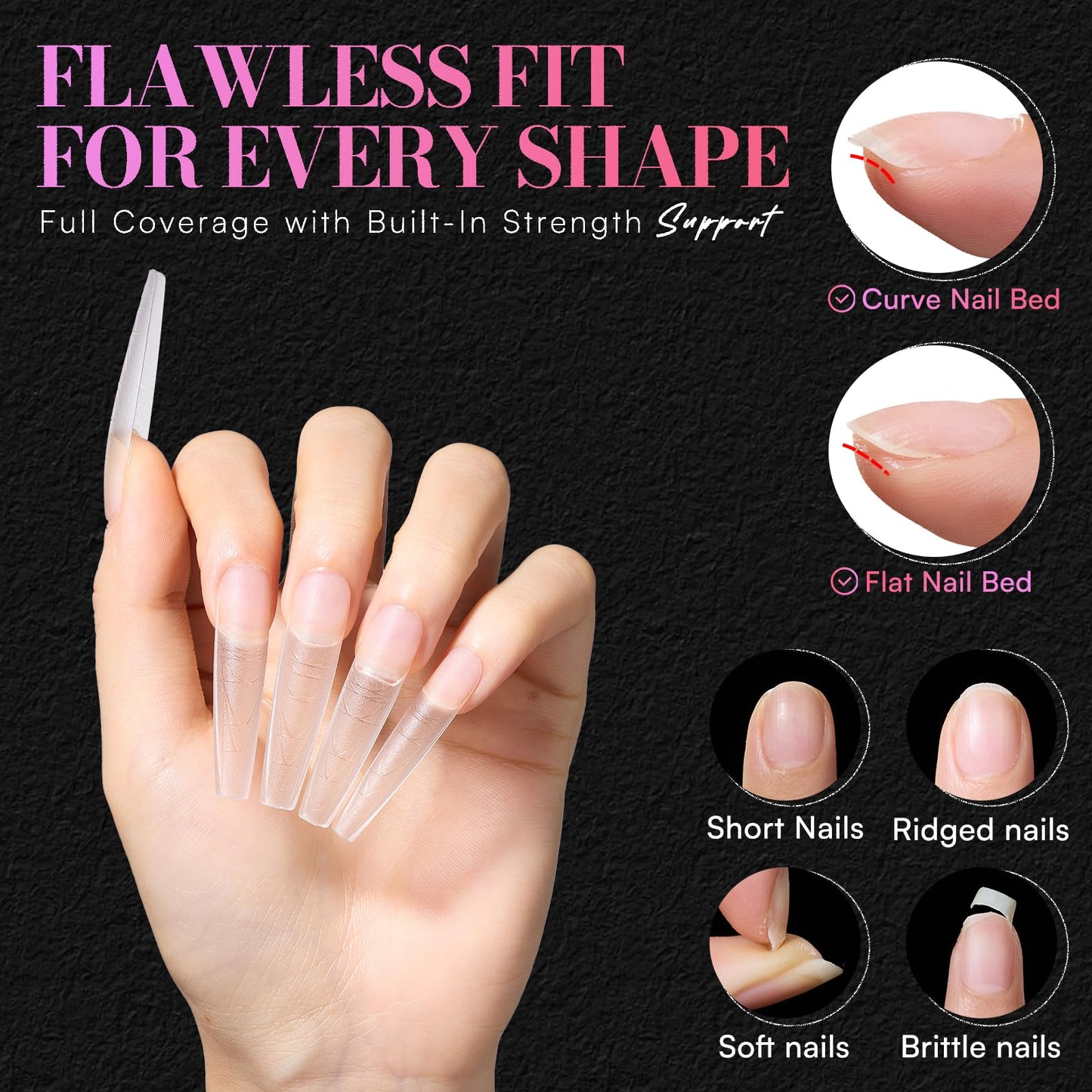 Makartt Extra Long Coffin Nail Tips with Built-In Length and Shape Guides, 240PCS 15 Sizes, Dual Matte Full Cover for Easy Reshaping to Almond, Square, Oval Tips for Beginners, DIY Nails, Salon Supply