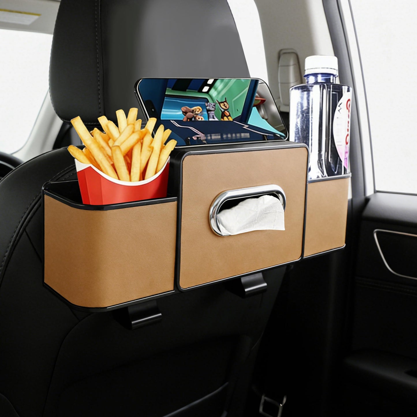 Amooca Back Seat Car Organizer, 4+2 in 1 Multifunctional Car Backseat Storage Box with 3 Cup Holders Tissue Box Hook, Car Interior Storage for Travel Phones Snacks Drinks(Brown)