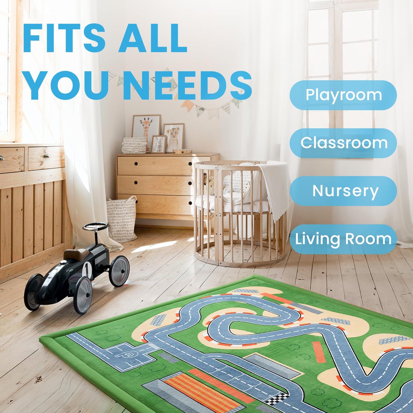 PaPaMat 1.3" Thick Educational Baby Floor Play Mat 79x118, Basic Padded Memory Foam Kids Mat, Large Non-Slip Plush Playmat for Nursery Playroom Classroom (Race Track)