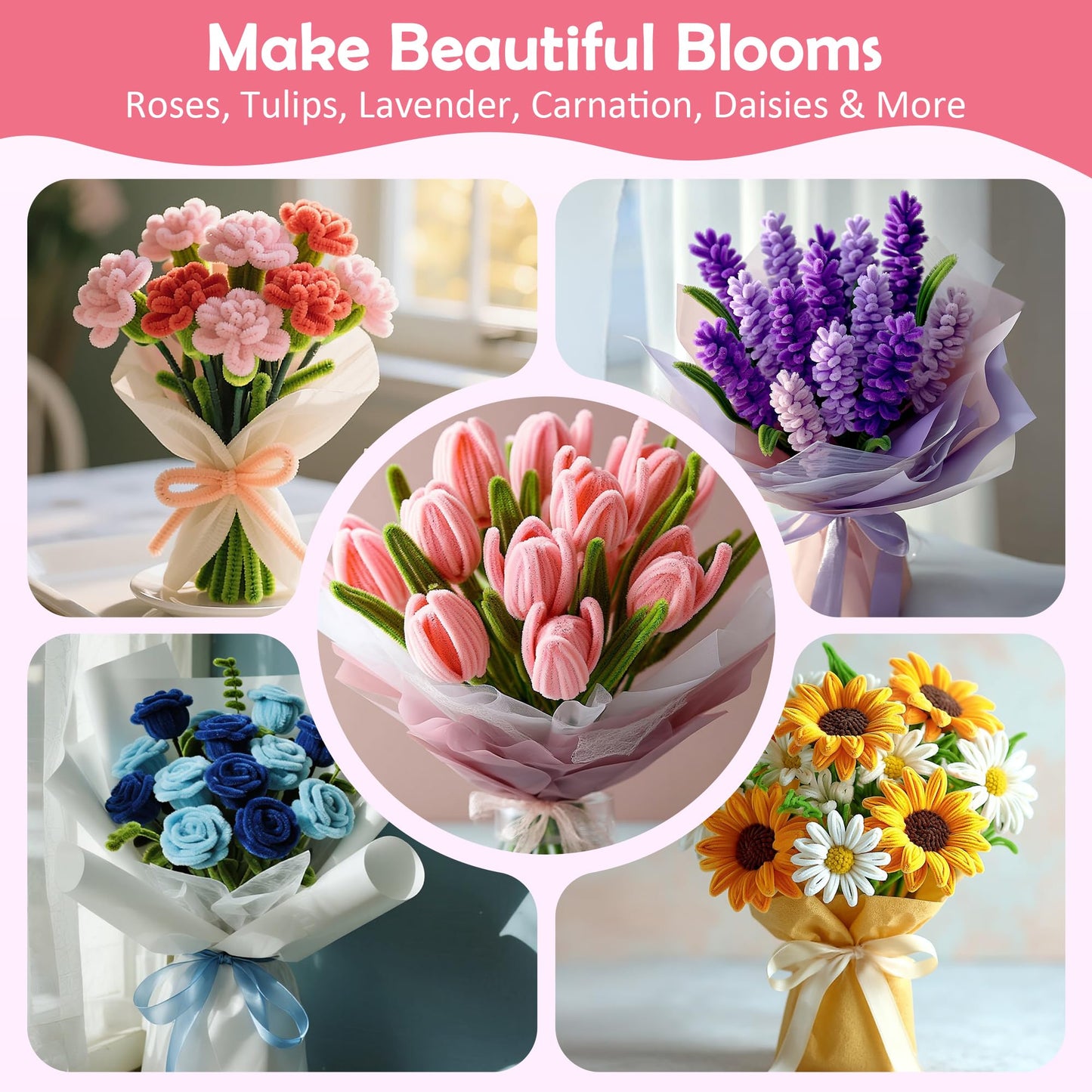 EARLY MINDS 500 Pcs Pipe Cleaners Craft Kit for Flower Making, DIY Bouquet Set with 8mm Chenille Stems, Step-by-Step Tutorial, Floral Wire, Ribbon & Tools for Handmade Gifts and Decor, Pink
