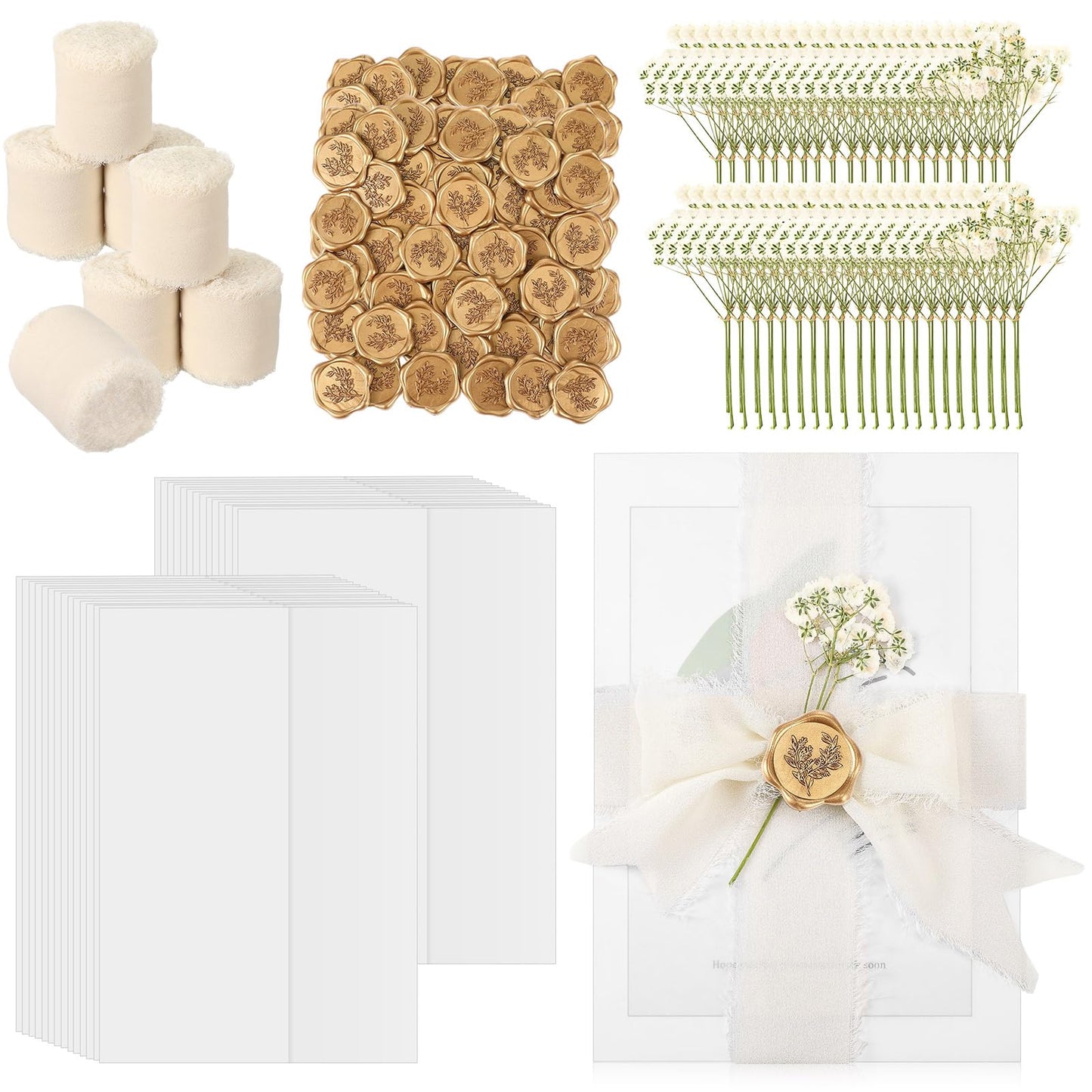 Fuyoooo 30 Set Wedding Invitations Wraps Set Pre Folded Vellum Jackets for 5 x 7 Invitations Self Adhesive Gold Wax Seal Stickers Dried Baby's Breath Flowers Chiffon Silk Ribbon for Craft DIY
