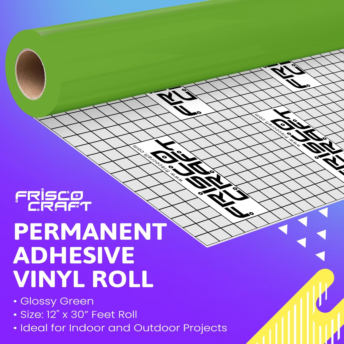Frisco Crafts Glossy Green Permanent Vinyl - 12" x 30 Feet - Durable Self Adhesive Vinyl for Crafting, Signage, & Home Decor - Weather-Resistant Green Roll
