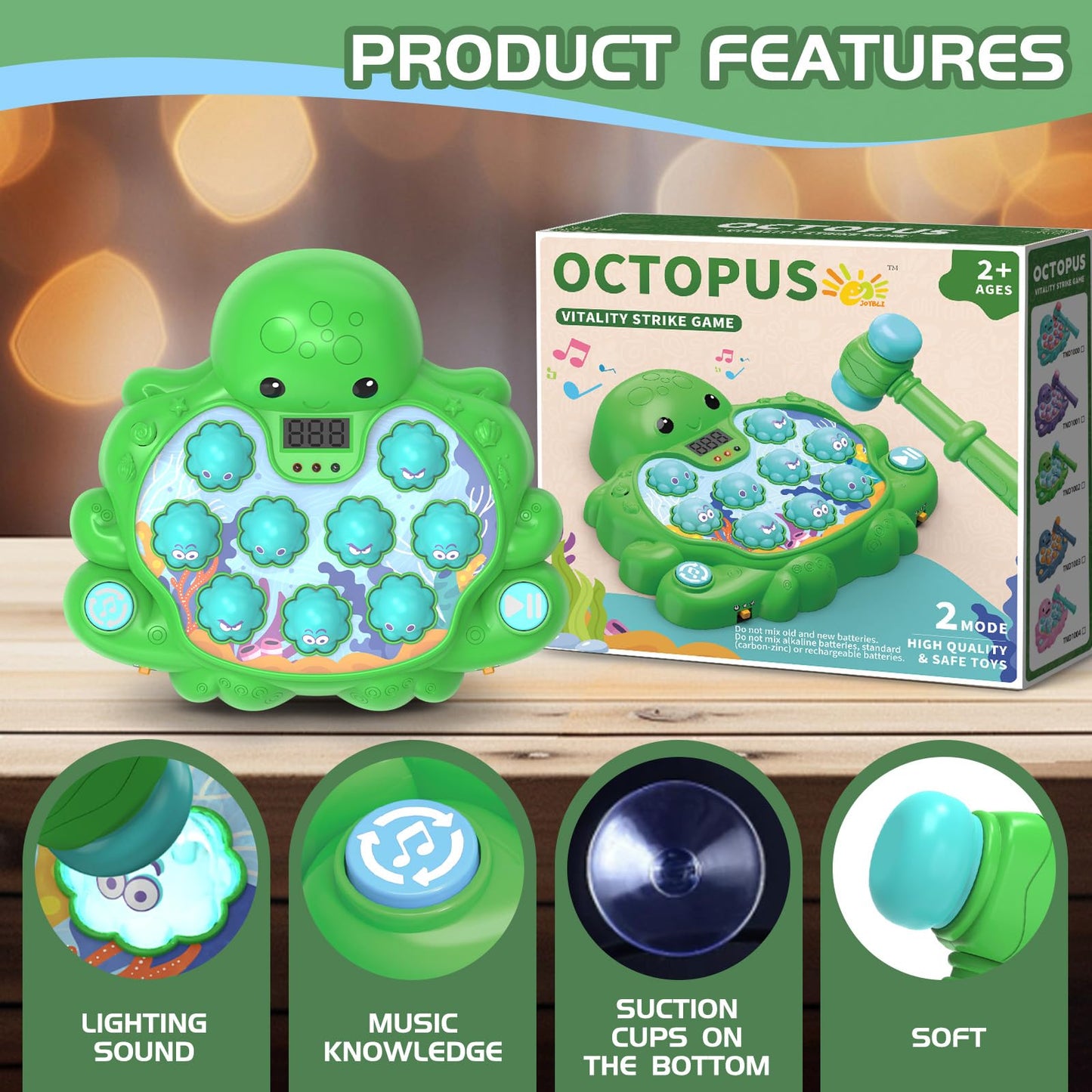 JOYBLI Octopus Vitality Strike Game, Educational Musical Whack-A-Mole Toy with 2 Game Modes, Digital Score Display, Toddler Early Developmental Learning Toy, Fun Birthday Gift for Kids Age 2+