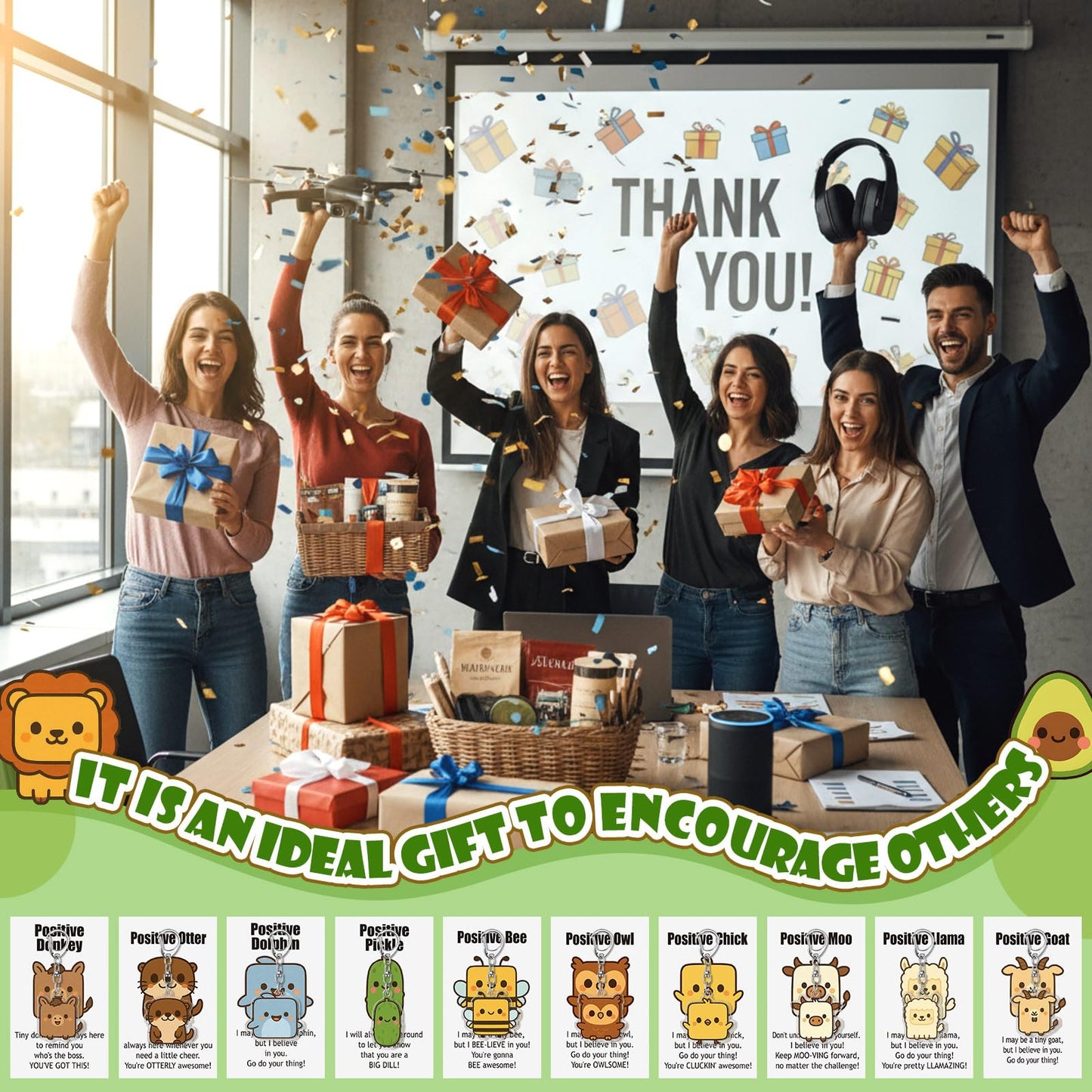 Kigeli 20 Sets Positive Keychains Bulk Employee Appreciation Gifts Acrylic Thank You Animal Keychains for Office Employee Coworker