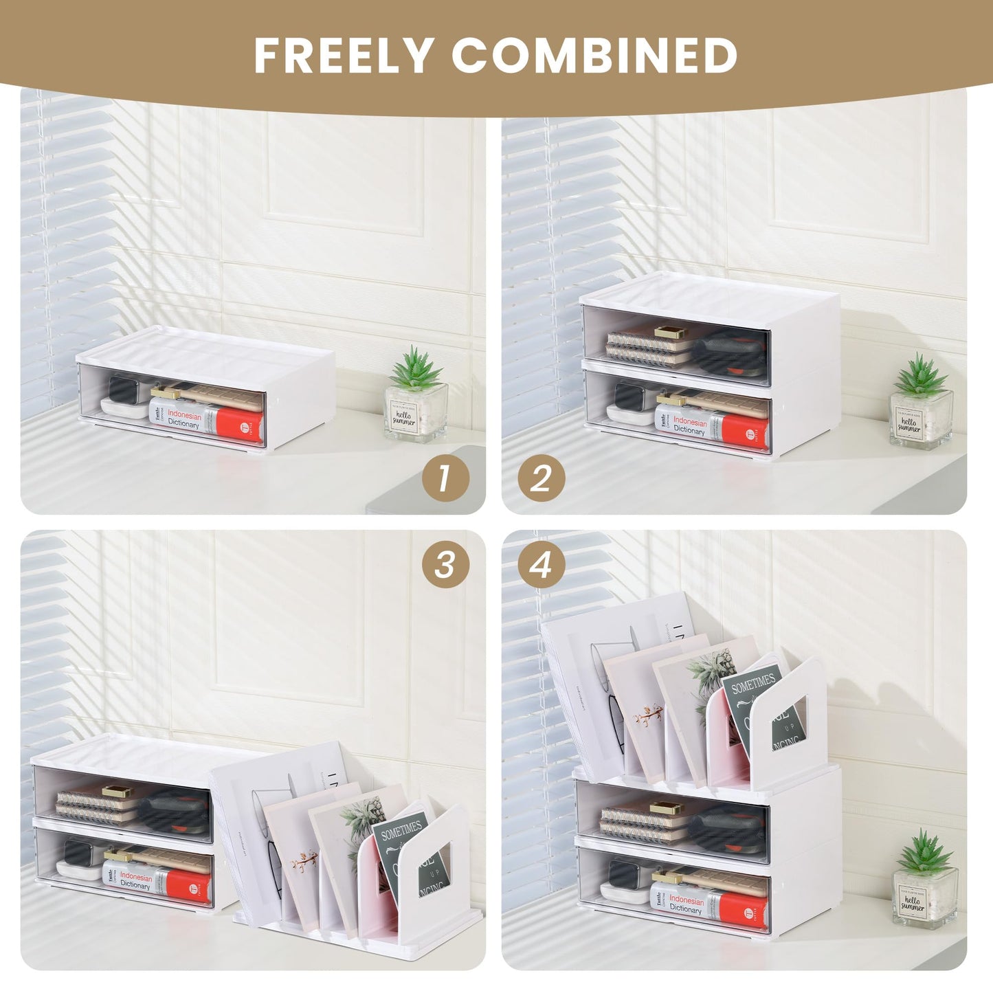 LALOBLUE White Acrylic Desk Organizer with Drawer & File Holder, Stackable Modular Storage System, Multi-Layer Desktop Organizer, Space Saving Desk Organizer for Home Office & Study