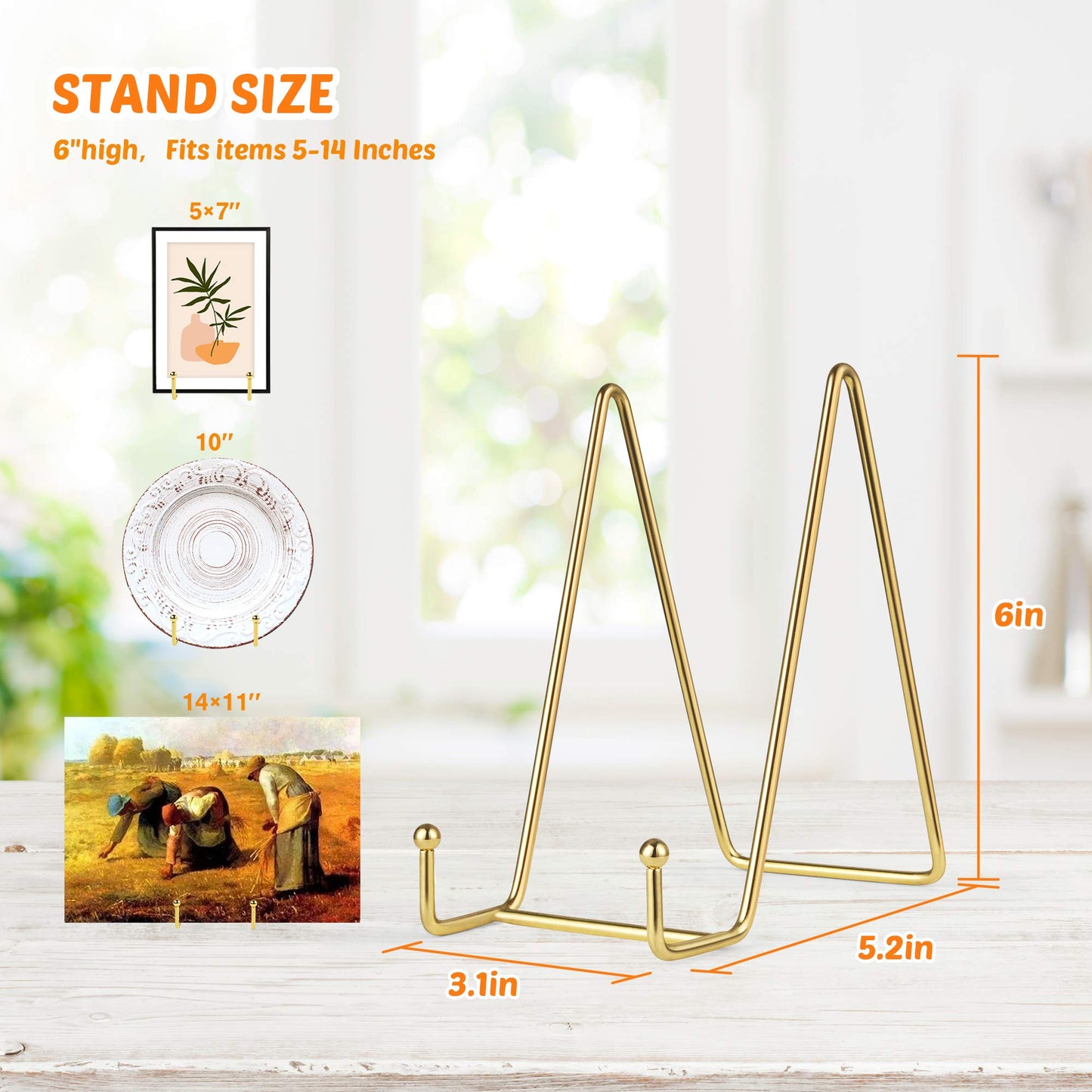 Mocoosy 2 Pack 6 Inch Gold Plate Stands for Display, Metal Square Wire Easel Stand, Plate Holder Display Stands, Picture Frame Stands for Display Photos, Decorative Platter, Plaques and Table Arts