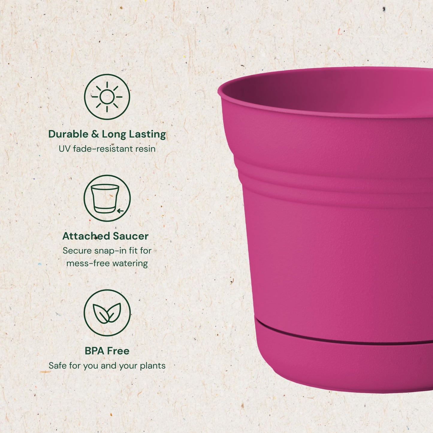 Bloem Saturn 5" Round Plastic Planter - Indoor/Outdoor, Snap-in Saucer & Drainage Holes, Fuchsia, 4-Pack