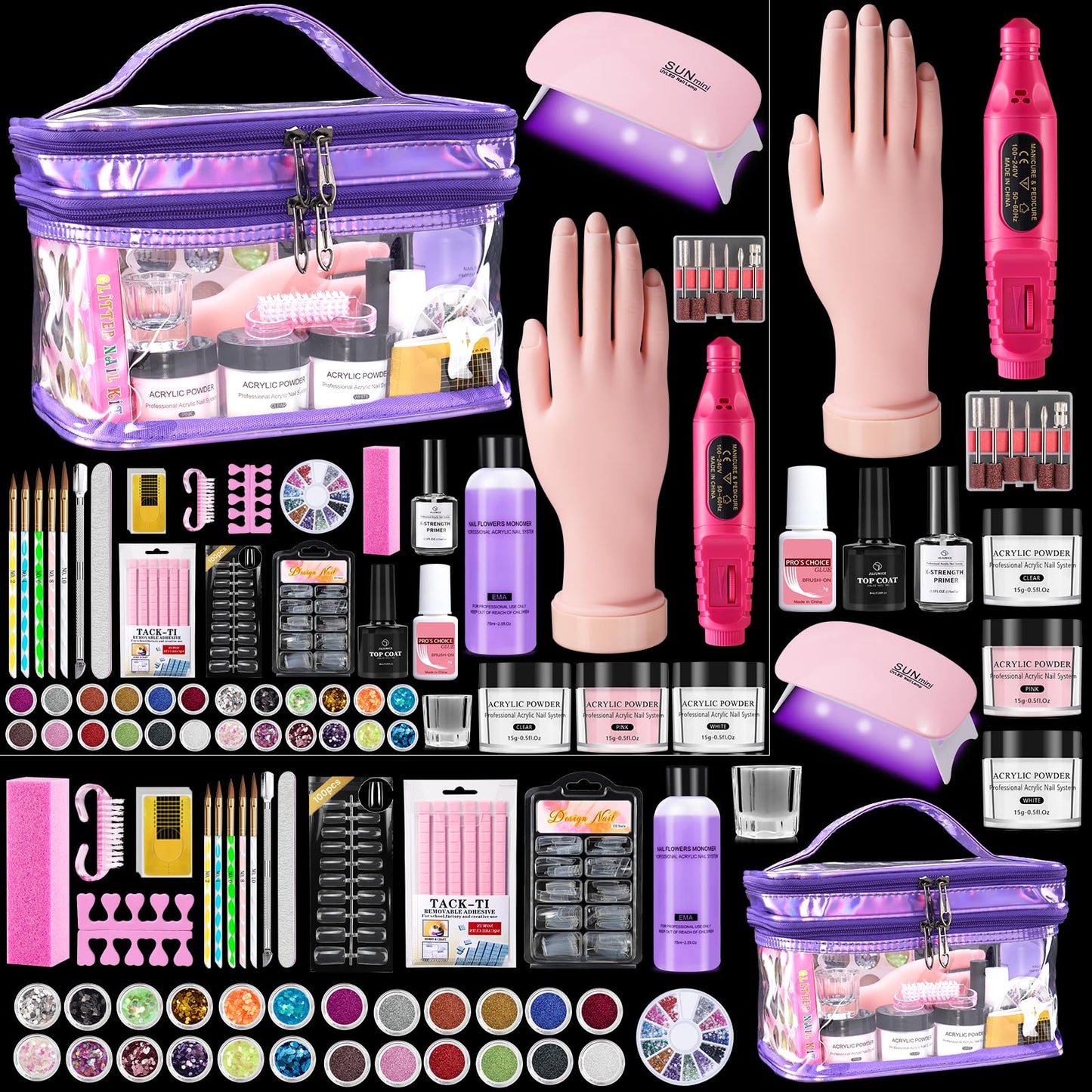 Nail Kit for Beginners with Everything: Professional Monomer Acrylic Nail Liquid Powder Set with Practice Hand Drill U V Light in Cosmetic Bag for Women Salon Home(Purple)