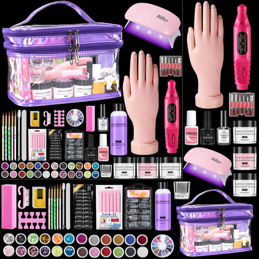 Nail Kit for Beginners with Everything: Professional Monomer Acrylic Nail Liquid Powder Set with Practice Hand Drill U V Light in Cosmetic Bag for Women Salon Home(Purple)