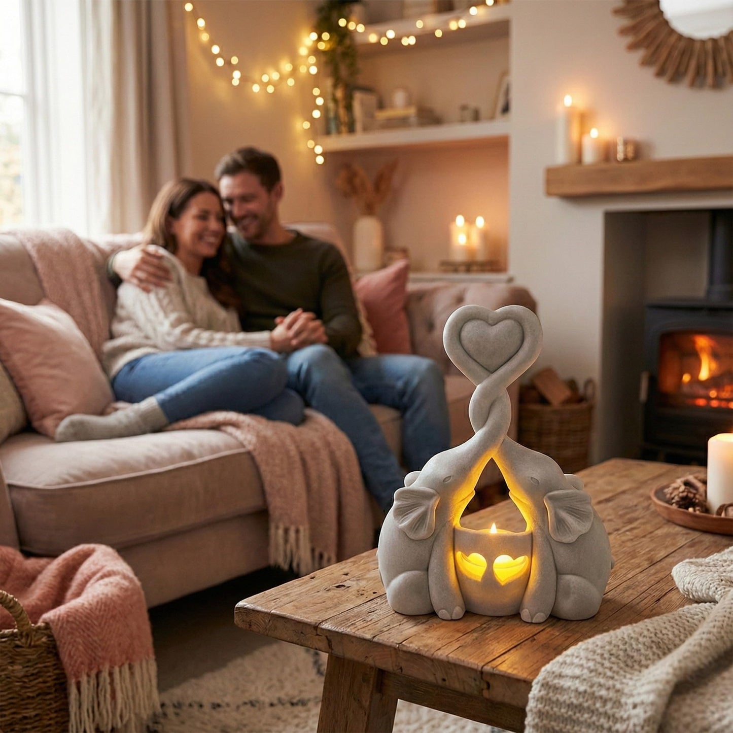 Elephant Love Candle Holder Statue - Elegant Gift Home Decor for Women Living Room or Bedroom - Flickering LED Candle Included - Ivory 14th Anniversary, Couples, Parents Valentine's Present