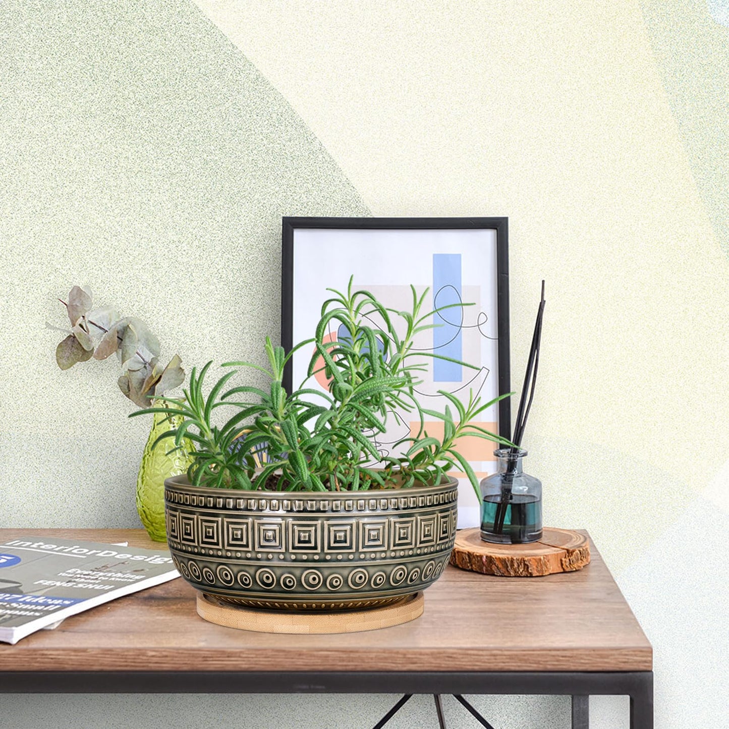 G EPGardening 8 Inch Ceramic Succulent Planter Pots Round Shallow Bonsai Planter Pot for Indoor Plants with Drainage and Bamboo Saucer Gray