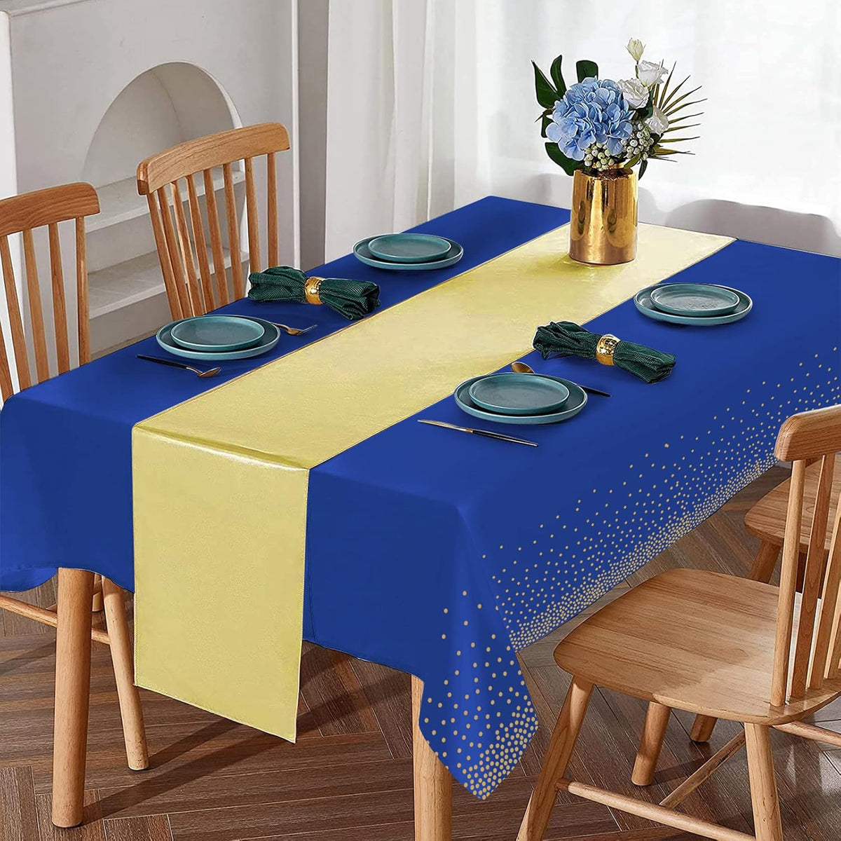 8Pack Disposable Plastic Tablecloths and Satin Table Runner Set Blue and Gold Dot Tablecloth Gold Satin Table Runner for Wedding Birthday Baby Shower Anniversary Christmas New Year Party Decorations