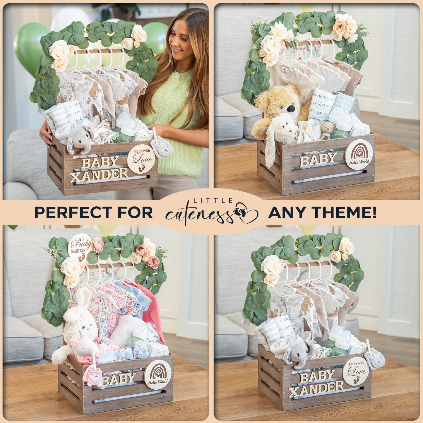 Little Cuteness Wooden Baby Shower Crate Closet - Rustic Brown, Personalized Baby Gift Basket with Dual Rod System, Easy Assembly, 16"L x 11.8"W x 8"H