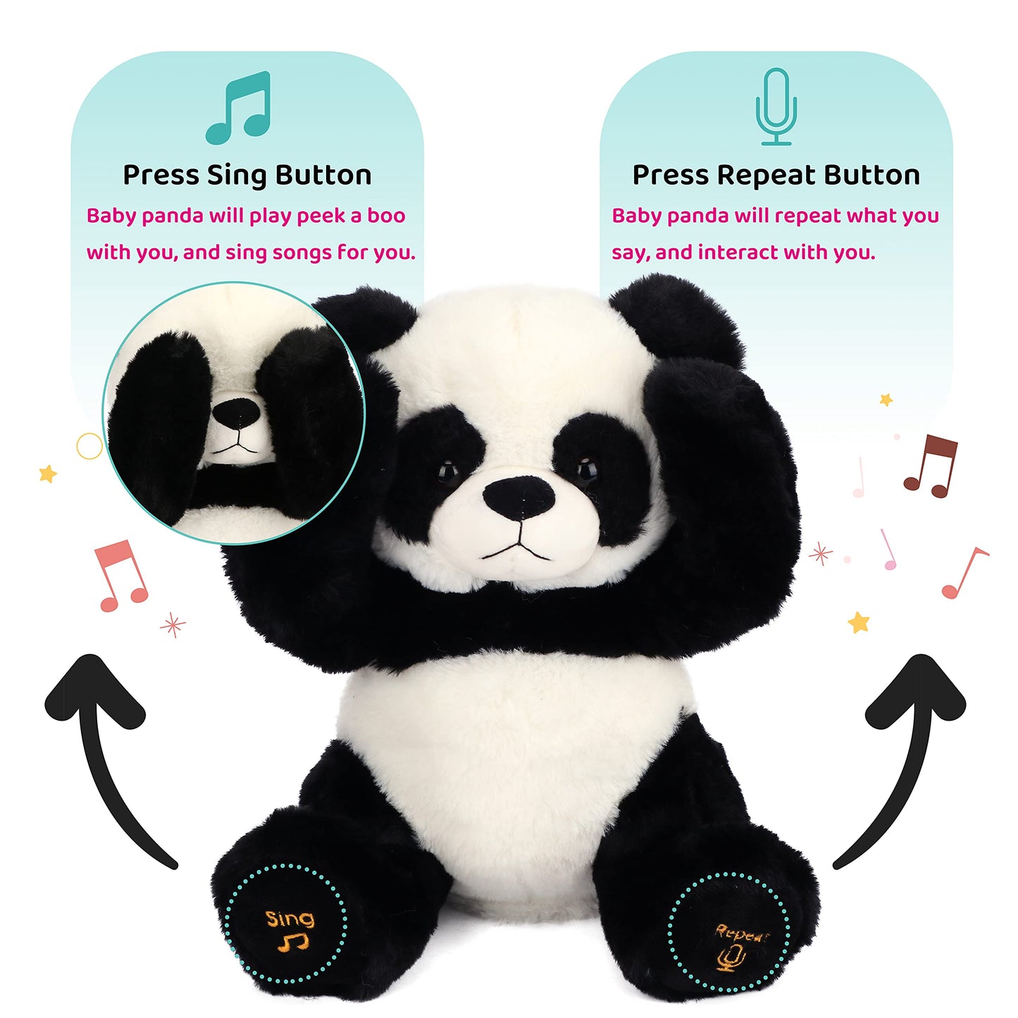 Cuteoy Peek A Boo Panda Bear Plush Toy Interactive Electric Stuffed Animal Repeats What You Say Singing Talking Musical Plushies Gifts for Christmas Birthday 11''