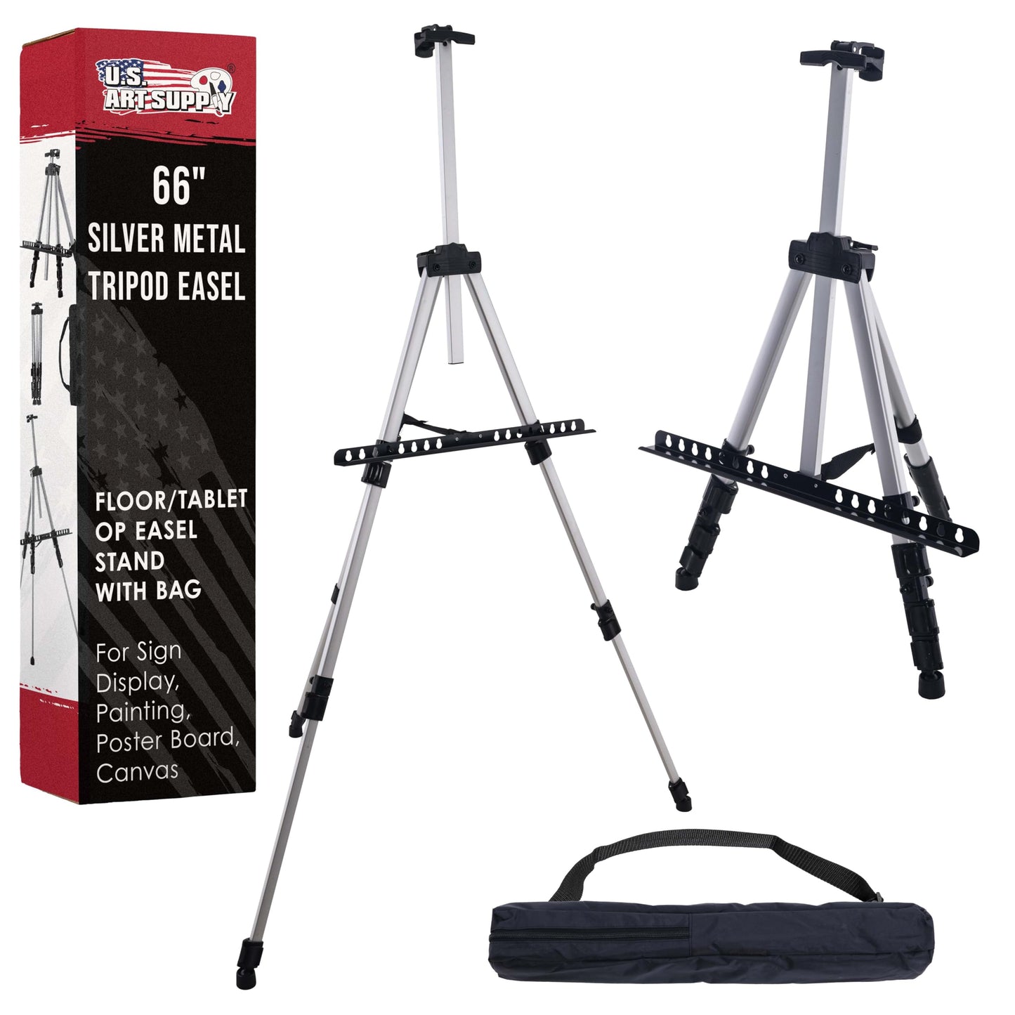 U.S. Art Supply 66" Silver Metal Tripod Easel Display - Adjustable 18"- 5.5', Holds 36" Canvas - Floor/Tabletop Easel Stand, for Sign Display, Painting, Poster Board, Canvas - Portable Bag