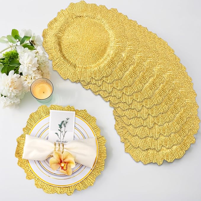 EI 50pcs Gold Charger Plates,13 Inch Charger Plates Bulk,Round Ruffled Rim Chargers for Dinner Plate,Table Chargers for Wedding,Party