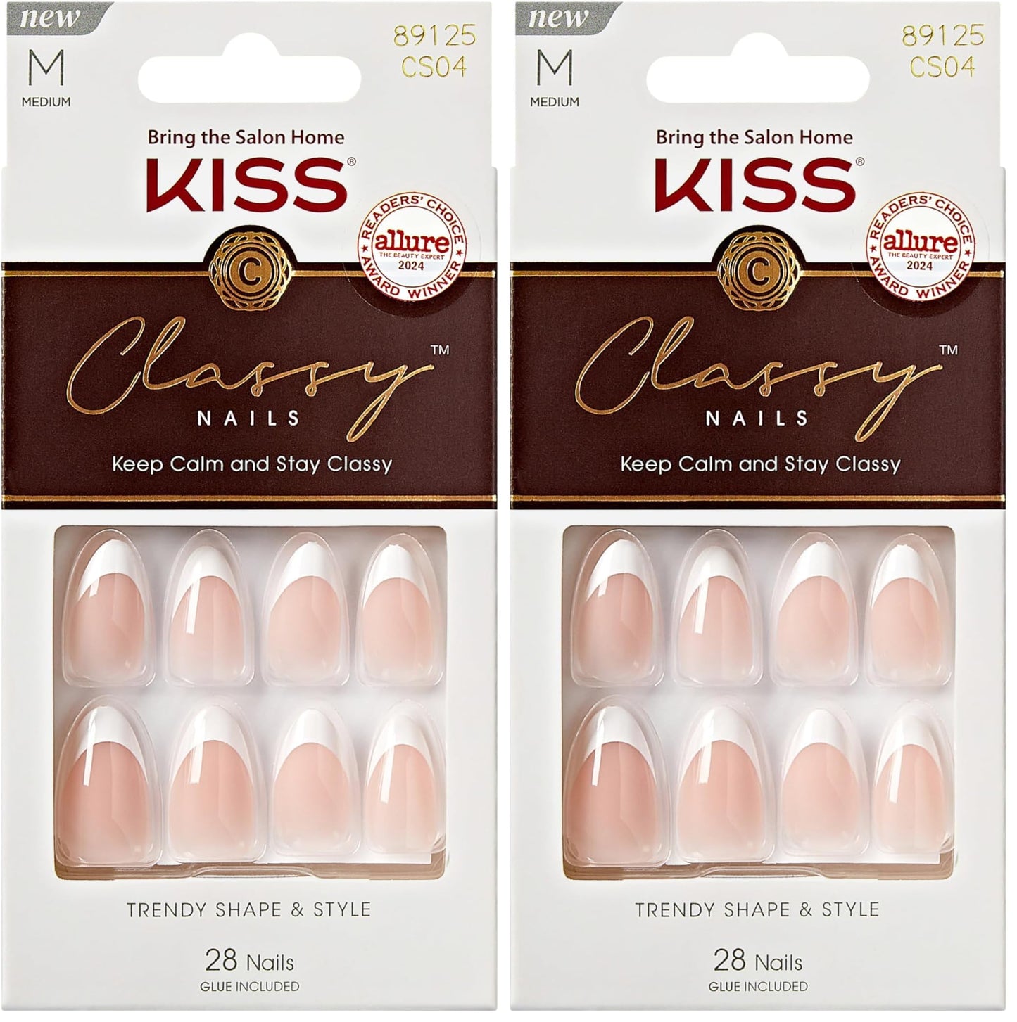 KISS Classy, Press On Nails, Nail glue included, 'Dashing', White, Medium Size, Almond Shape, Includes 28 Nails, 2g glue, 1 Manicure Stick, 1 Mini File, (Pack of 2)