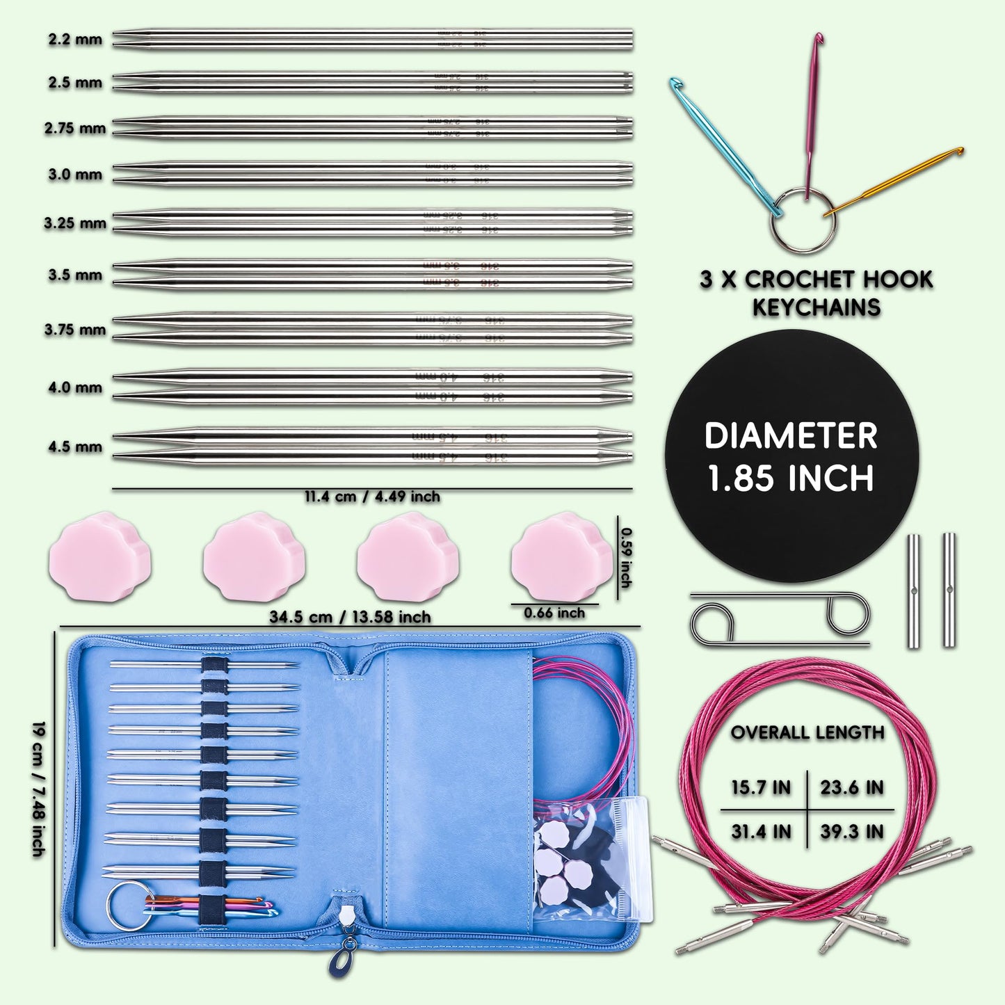 Froggod 4.5-Inch Aluminum Lace Interchangeable Circular Knitting Needle Set, Sizes US 1, 1.5, 2, 2.5, 4, 5, 6, 7 Interchangeable Knitting Needles Lace-Tip with 4 Assorted Cables with Project Bag