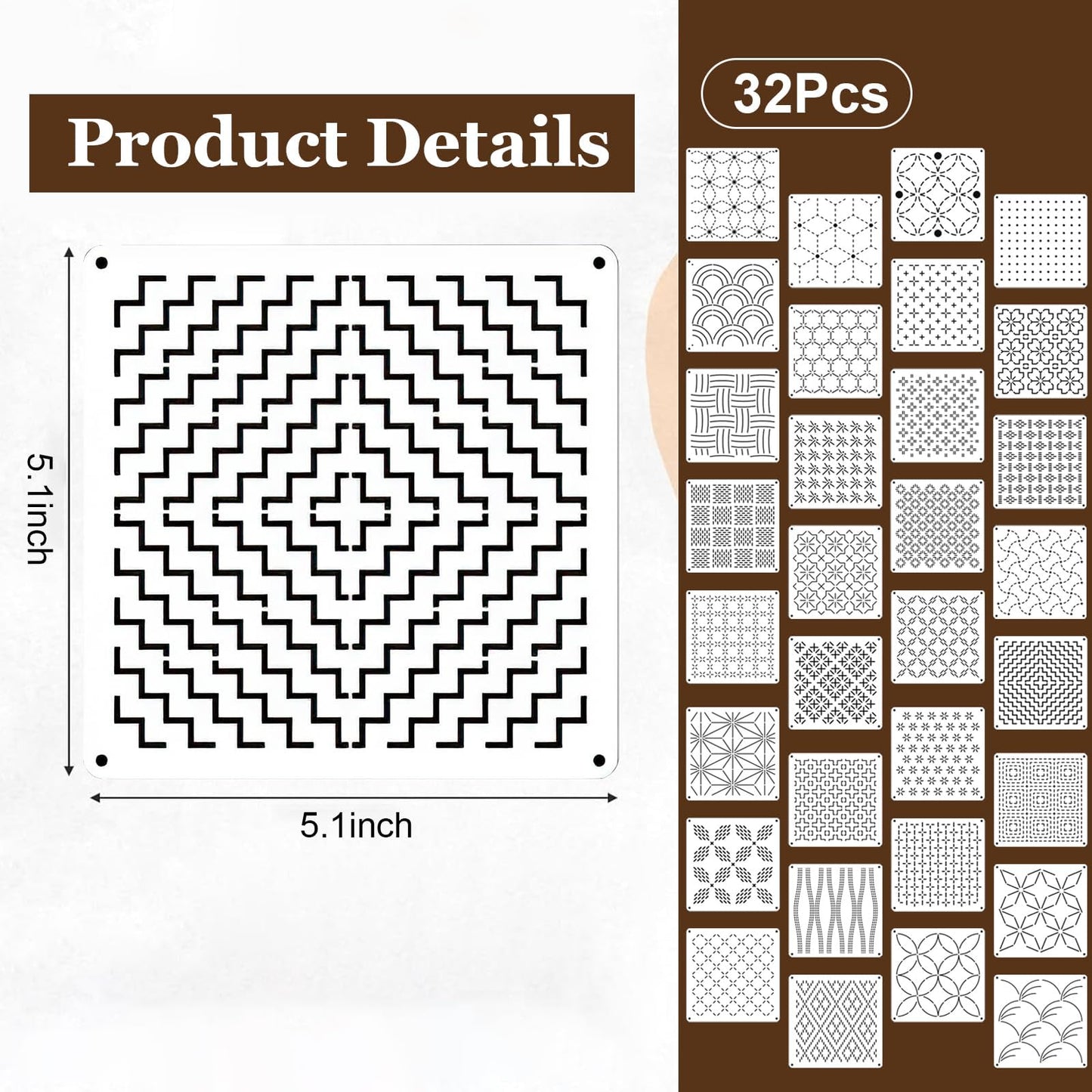 Eikovia 32-Piece Sashiko Stencil Kit, 5.1x5.1inch Reusable PET Plastic Templates for Embroidery & Quilting Patterns