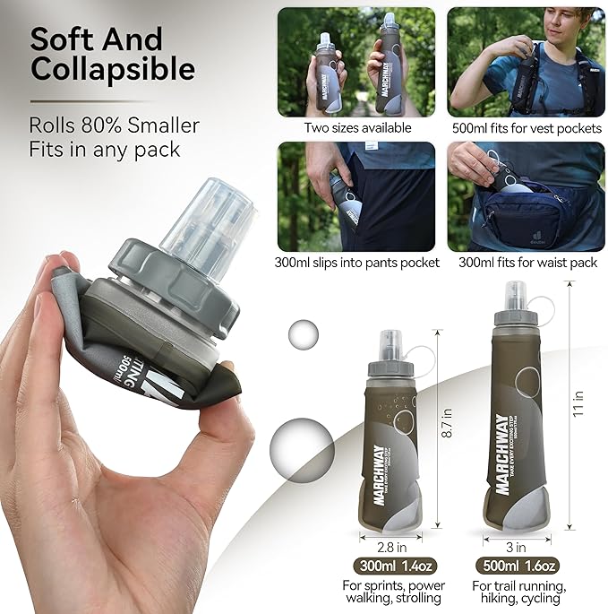 MARCHWAY Soft Hydration Flask with Wide Mouth, 300ml/500ml Collapsible TPU Water Bottle, Leakproof Portable Flexible for Running, Hiking, Cycling, Climbing, Gym, Travel (2pcs Grey 300ml)