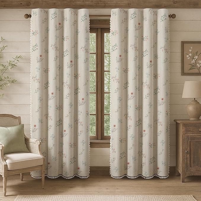Boho Floral Spring 100% Blackout Curtains 84 Inch Length 2 Panels Set, Linen Texture Farmhouse Curtains Beige Tassel for Living Room Bedroom Vintage Rustic Patterned Printed Western Rod Pocket