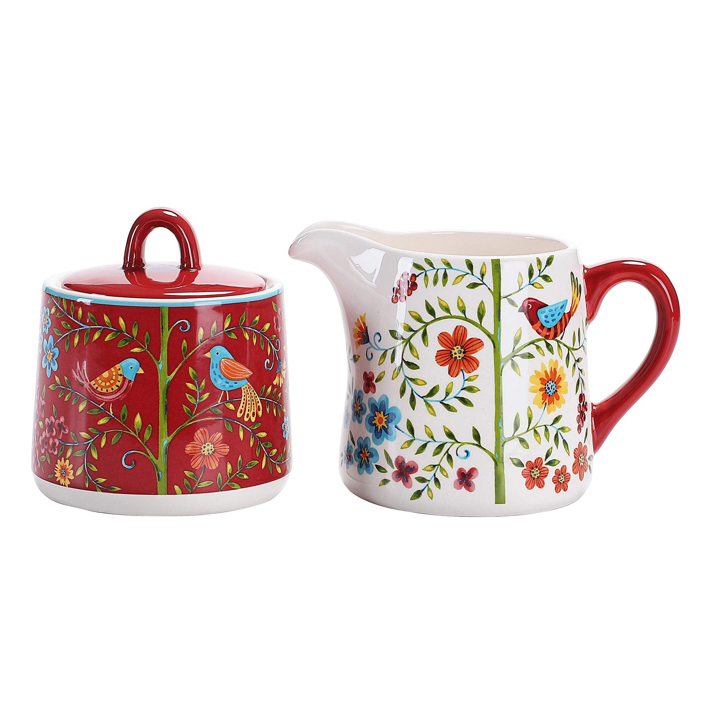 Bico Red Spring Bird Ceramic Sugar and Creamer Set, Sugar Bowl with Lid, Cute Container for Coffee Bar, Kitchen Countertop Accessories, Microwave and Dishwasher Safe
