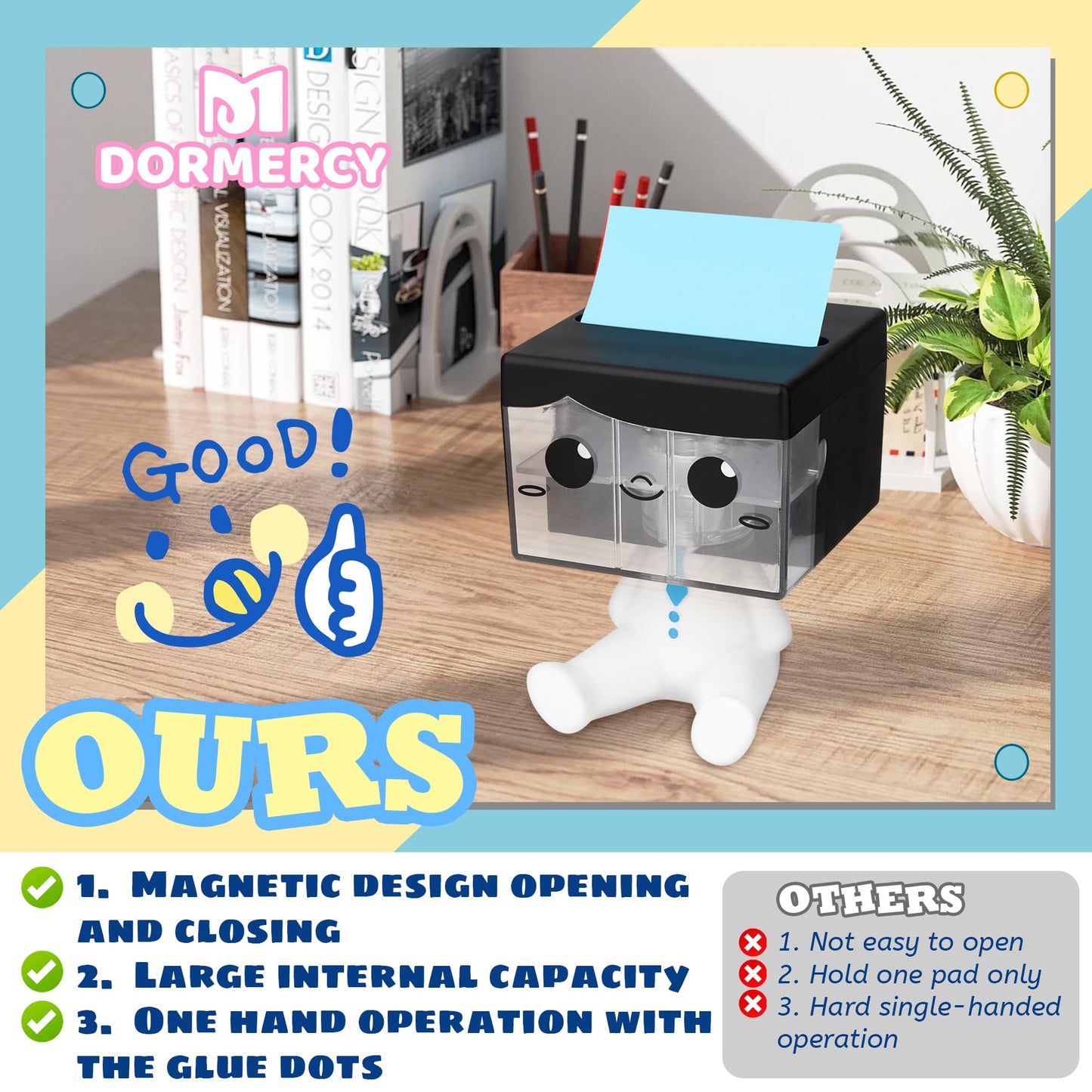 Dormercy Pop-up Notes Dispenser for Desk, Idea Boy Sticky Note Holder for Office School, Cute Office Supplies, 3x3 in, Magnetic Design, White, 1 Pack