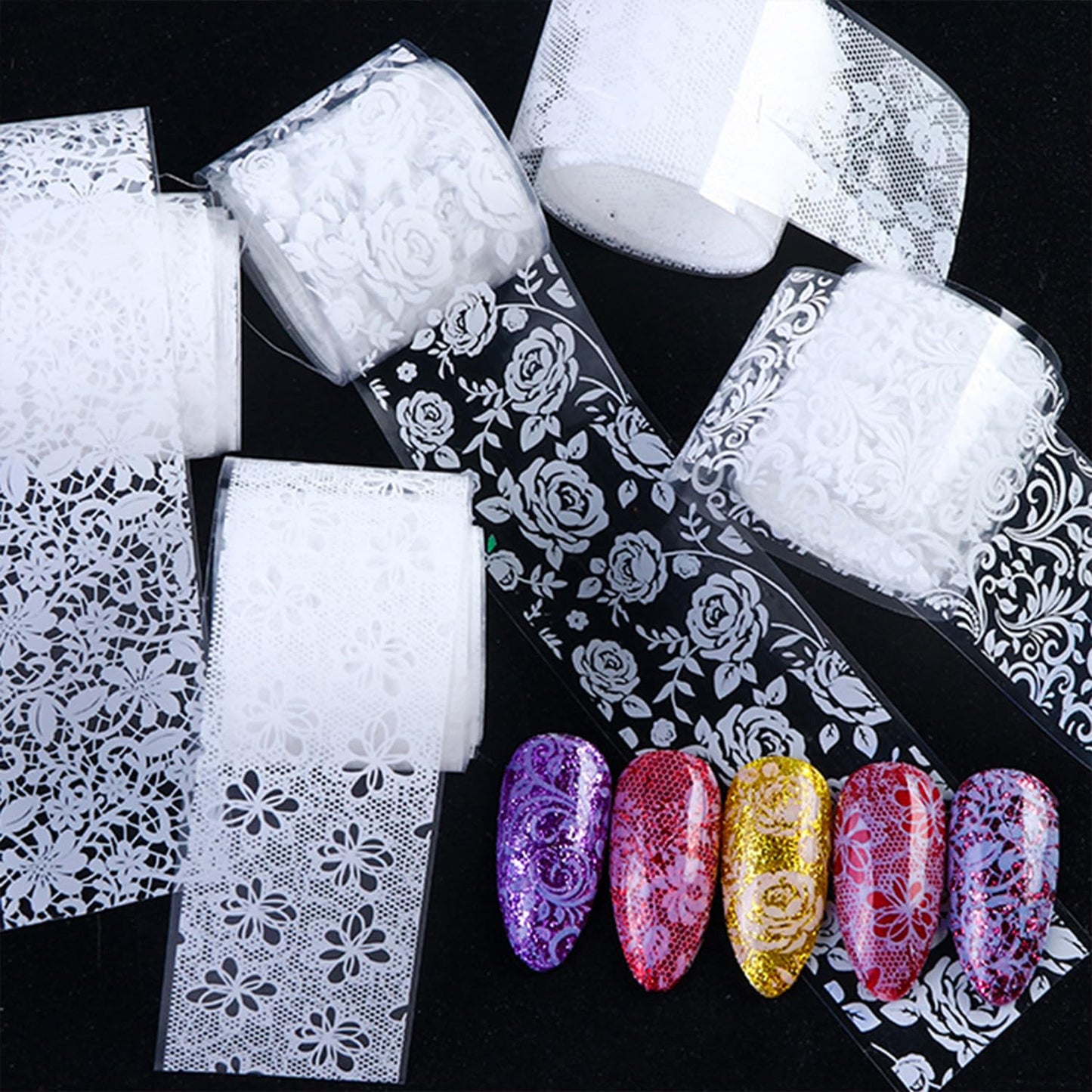 JERCLITY 20 Rolls Nail Foil Transfer Sticker Kit 10 Black White Lace Flower Nail Foil Sheets 10 Holographic Laser Snowflake Transfer Nail Art Decals Wraps