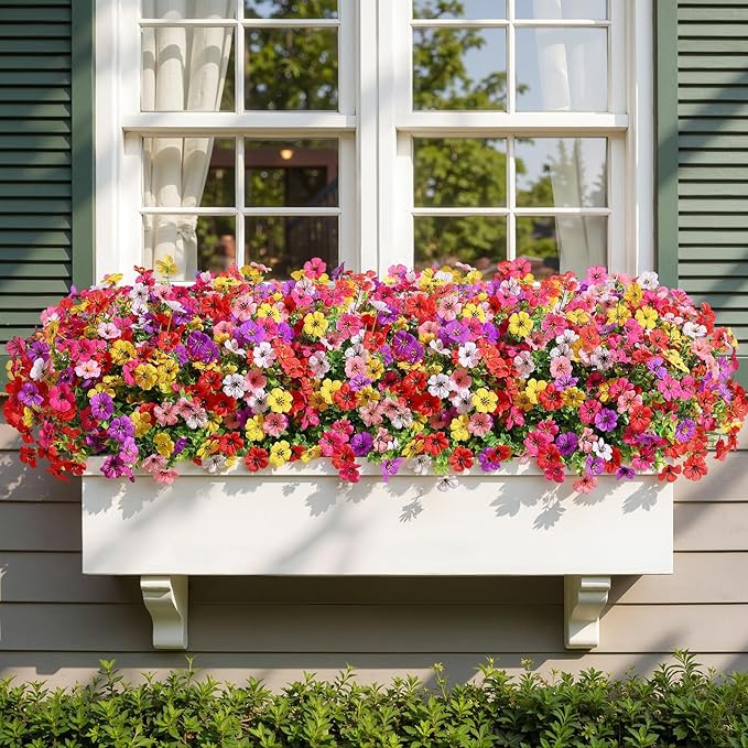Alupssuc 32 Bundles Artificial Flowers for Outdoors Decoration, UV Resistant Silk Faux Daisy Flora Spring Fake Plastic Plants Greenery for Outside Indoor Yard Home Porch Window Box Decor, Mix 6 Colors