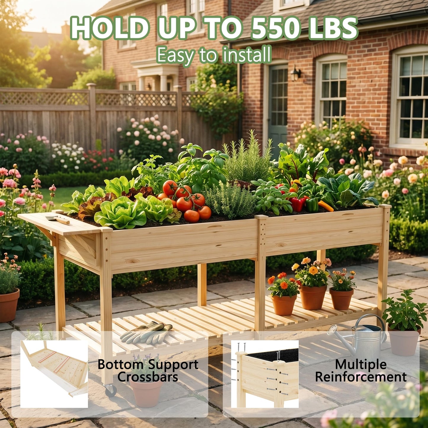 Cakhdry Raised Garden Bed with Legs and Wheels, Self-Watering System, 72x24x30in Elevated Planter Box with Storage Shelf & Liner for Flowers Vegetables Herbs, Raised Bed for Outdoor/Balcony/Patio
