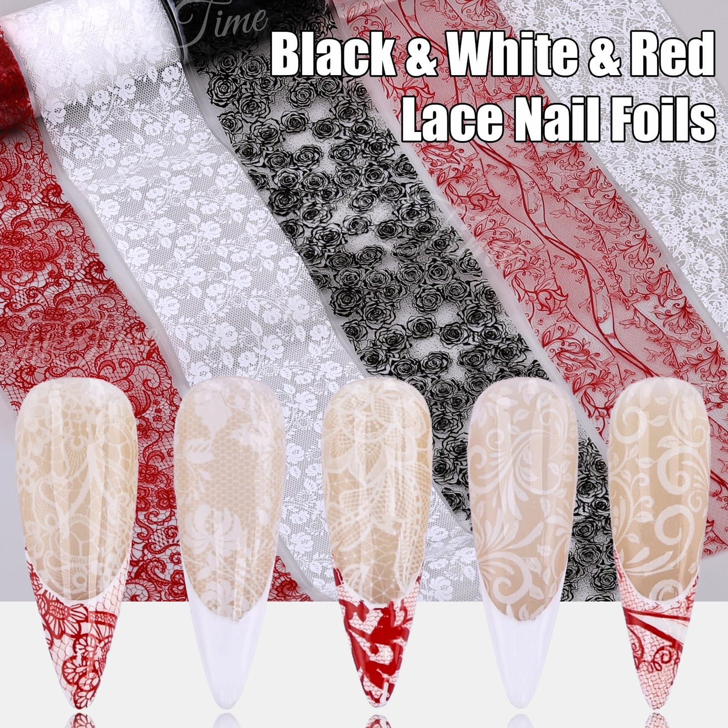 Lace Nail Foil Transfer Sheets, 10 Rolls Black White Red Flower Nail Art Transfer Foils Decals, Flower Nail Art Foils Decals Holographic Foils for Nails Manicure DIY (10 Rolls Red+Black+White)