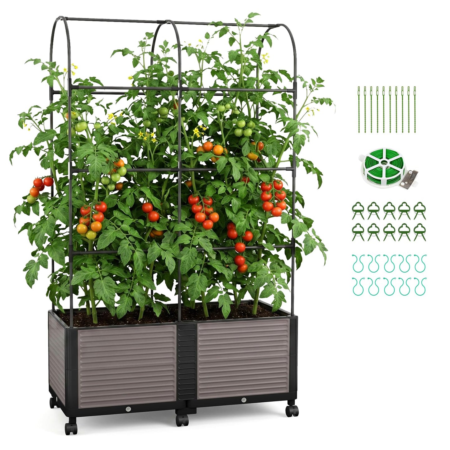 DoCred Raised Garden Bed Planter Box with Trellis for Climbing Vegetables Plants, Tomatoes Planters Outdoor Tomato Cage with Wheels, Indoor Outdoor Use