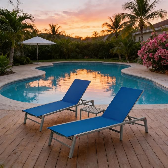 Kozyard 3-Pieces Patio Lounge Set, 2Foldable Adjustable Lounge Chairs and Side Table, Aluminum Frame, Breathable Textilene Fabric, Assemble-Free, Reclining to Flat for Pool, Beach (Blue)