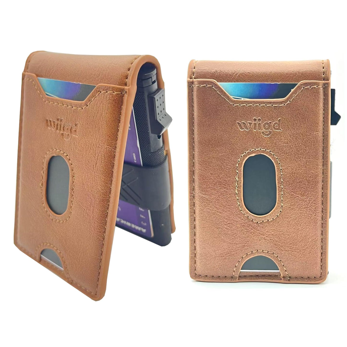 wiigd Men's Slim Bifold Wallet with Pop-Up Card Holder – RFID Blocking, Minimalist Aluminum Case, ID Window, Coin Pocket,Front Pocket Wallet with Gift Box(Brown)