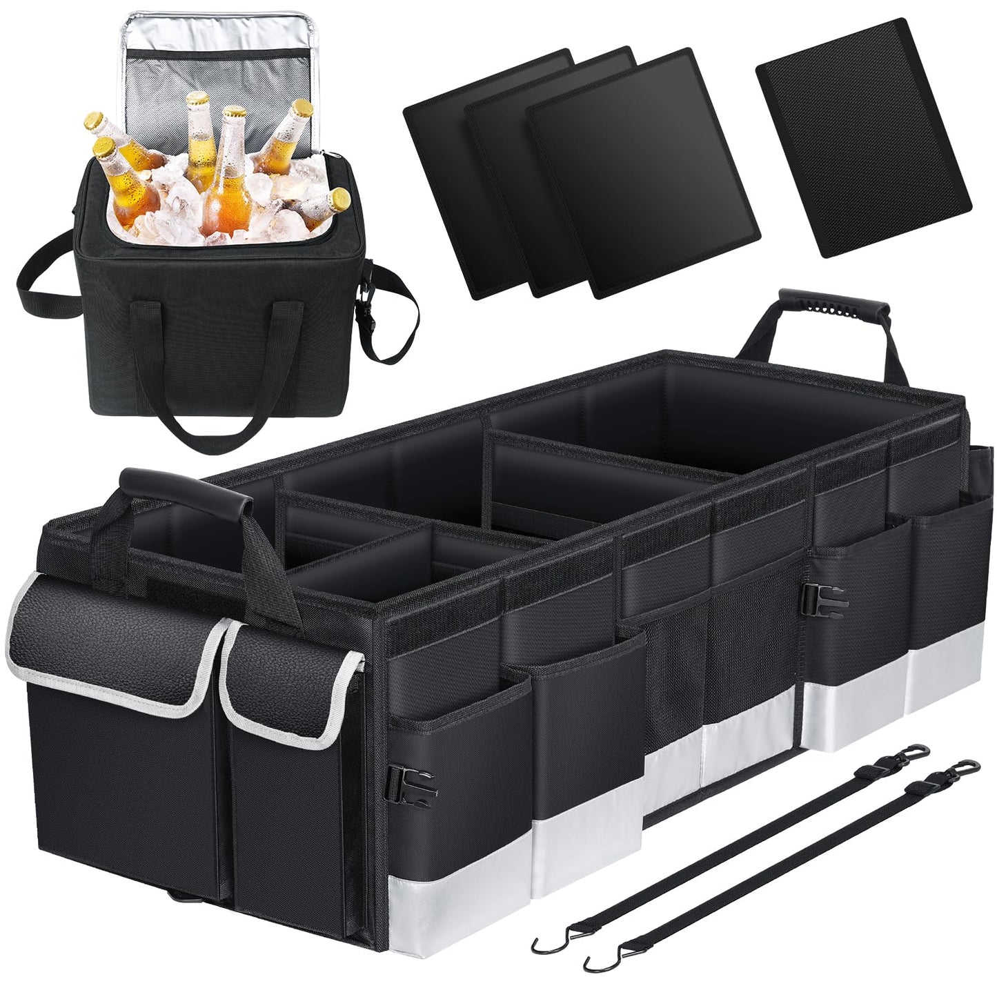 Oasser Trunk Organizer with Cooler Bag 95L, Bearing 110lb No Deformation, Collapsible with Multi Compartments, Removable Insulated Bag, Foldable Lid, Non Slip Bottom, 2 Adjustable Straps (Black&Grey)