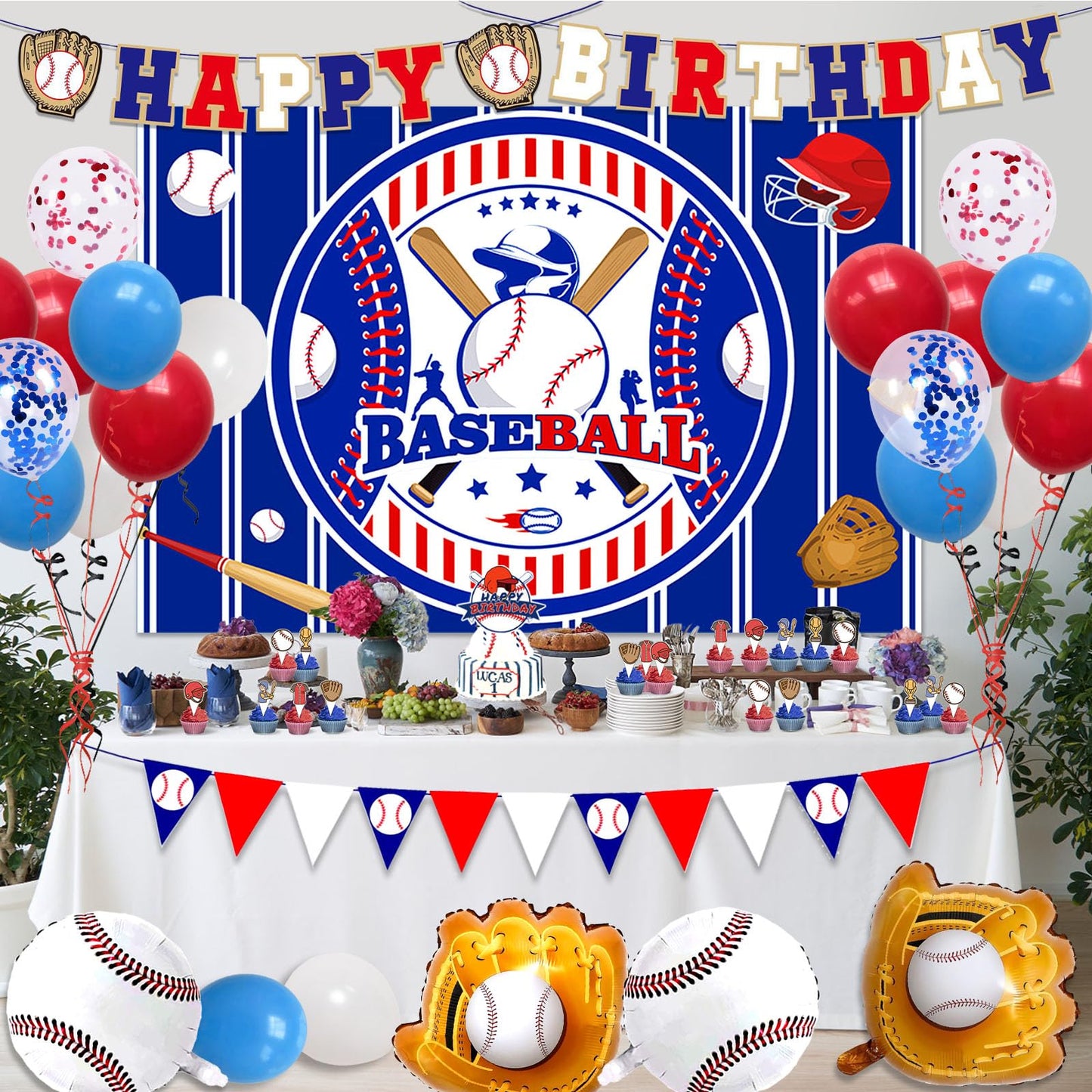Baseball Birthday Party Decorations, 64 PCS Baseball Party Supplies Kit, Include Backdrop, Happy Birthday Banner, Balloons, Cupcake, Cake Toppers