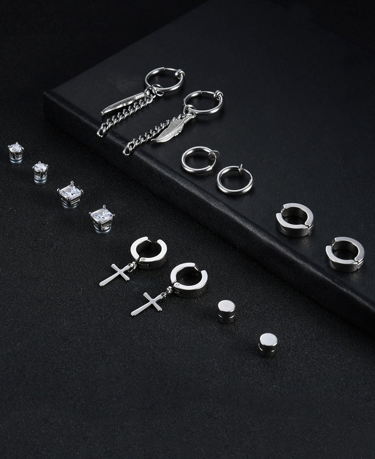 Ofeiyaa 7 Pairs Magnetic Stud Earrings Stainless Steel CZ Clip On Earring Non-Piercing Huggie Hoop Earring Chain Feather Pendant Drop Dangle Earrings Set For Women Men Black Silver Tone
